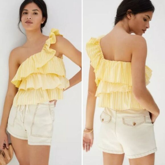 NWT Anthropologie Maeve Ruffled One-Shoulder Yellow Ruffled Top - Picture 1 of 12